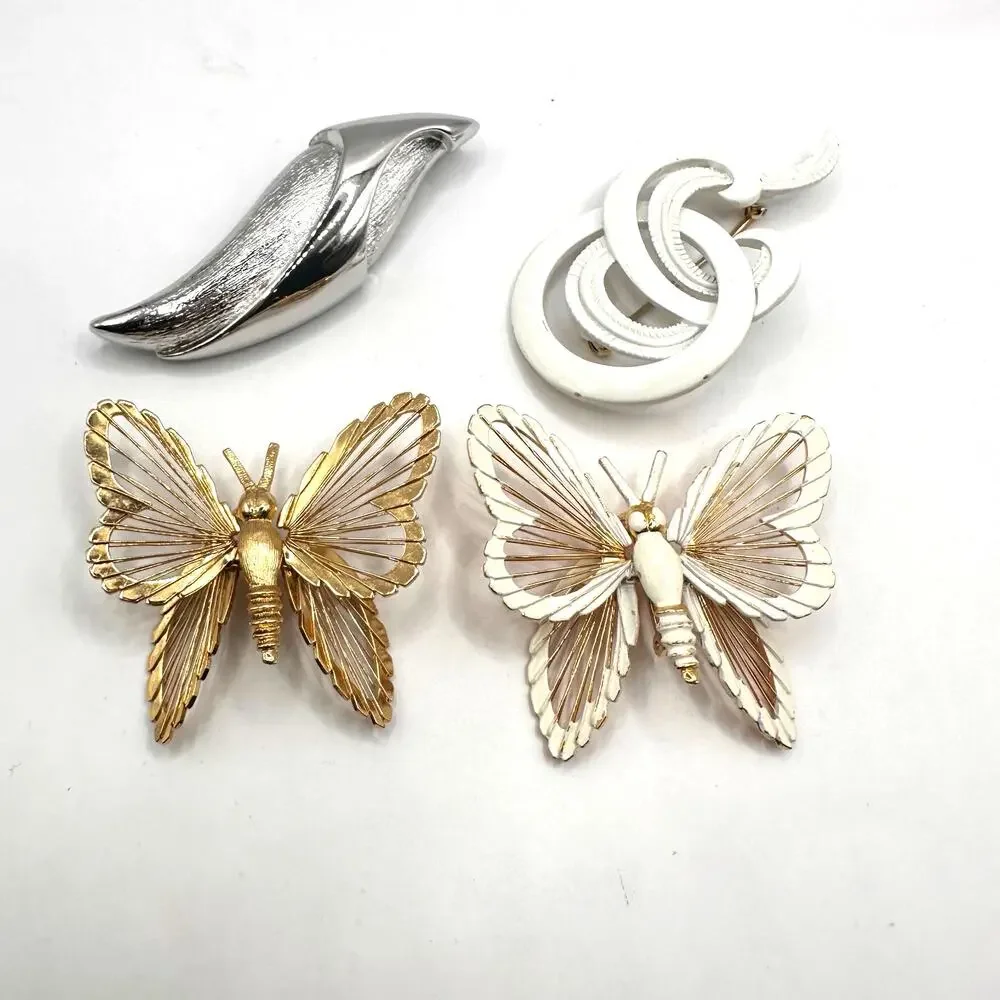 Monet Pin Lot of 4 Retro Vintage Jewelry Butterfly Gold Silver White Brooch Set
